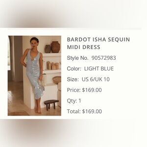 BARDOT ISHA SEQUIN
MIDI DRESS
Style No. 90572983
Color: LIGHT BLUE
Size: US 6